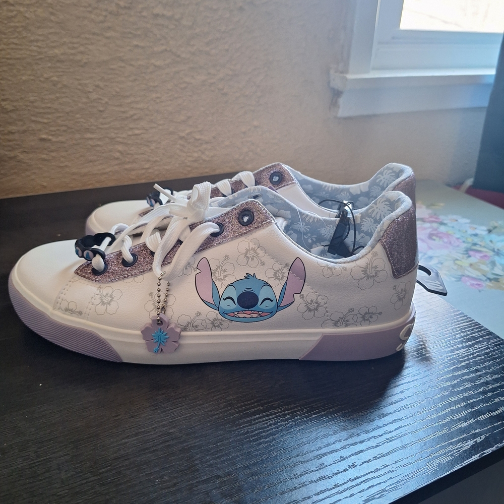 Disney Women's White and Purple Stitch Sneakers